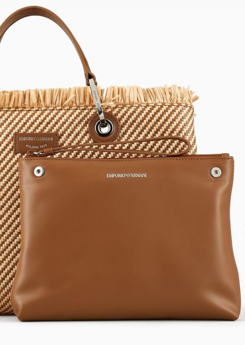 Buff Emporio Armani Myea Bag Woven Straw Shopper Bag | EA-SN57234