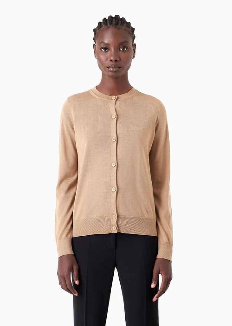 Camel Emporio Armani Cardigan In Plain-knit, Pure Virgin Wool | EA-SN56701