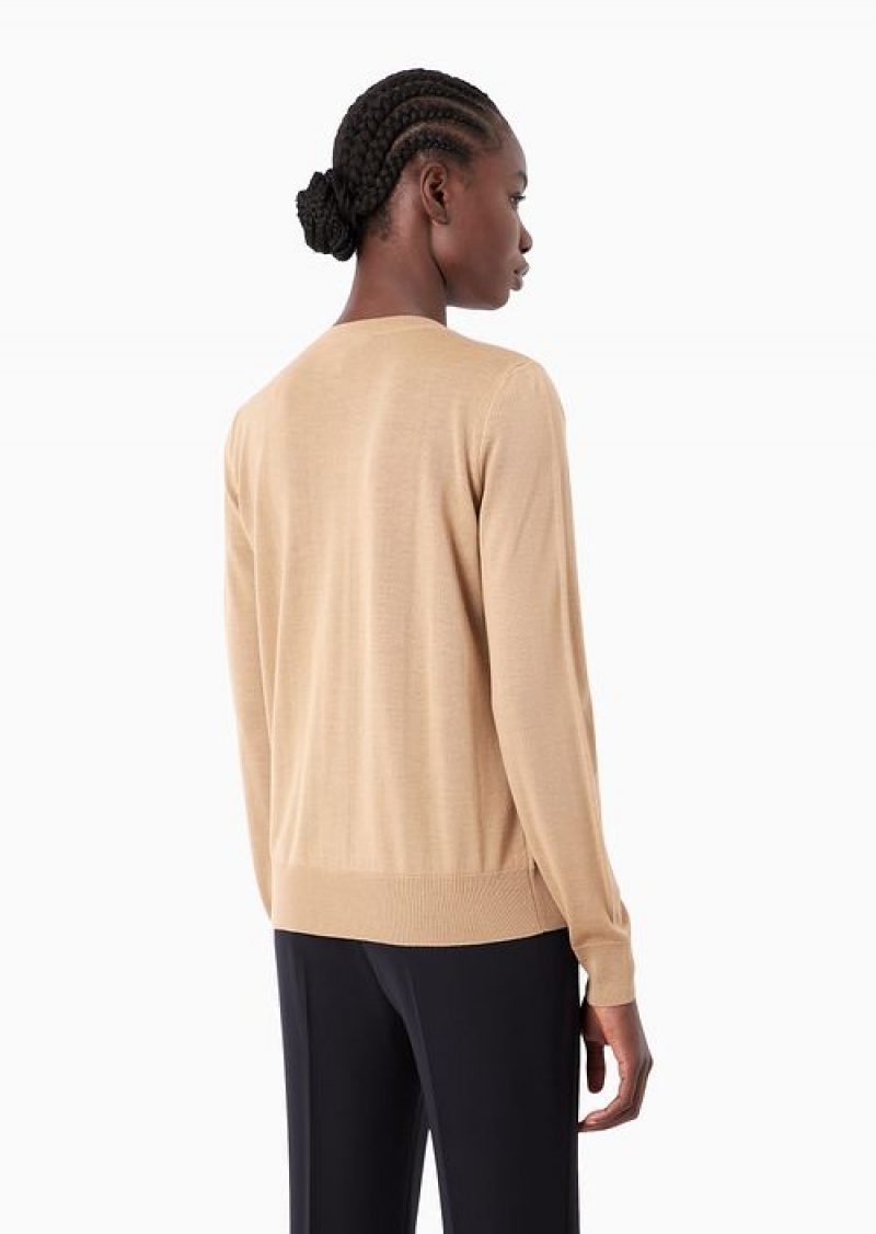 Camel Emporio Armani Cardigan In Plain-knit, Pure Virgin Wool | EA-SN56701