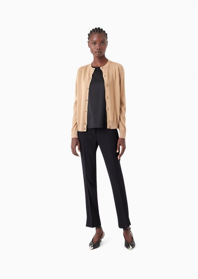 Camel Emporio Armani Cardigan In Plain-knit, Pure Virgin Wool | EA-SN56701