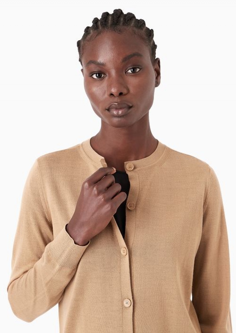 Camel Emporio Armani Cardigan In Plain-knit, Pure Virgin Wool | EA-SN56701