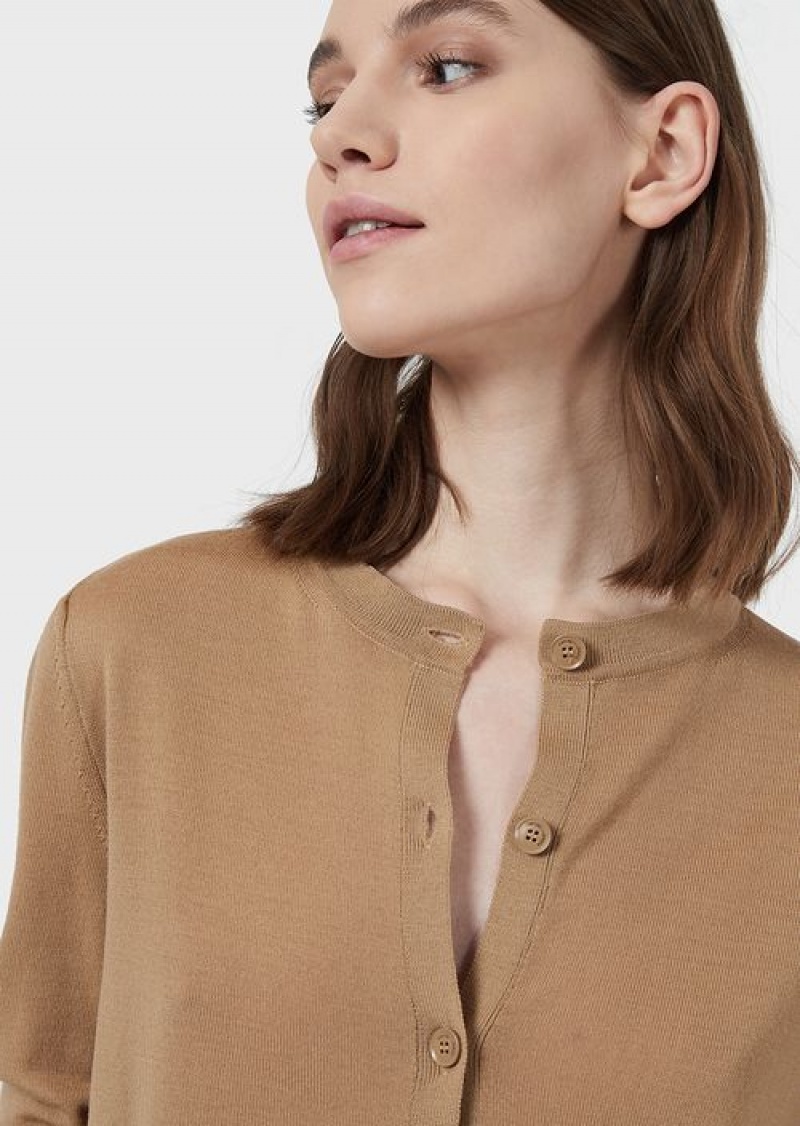 Camel Emporio Armani Cardigan In Plain-knit, Pure Virgin Wool | EA-SN56701