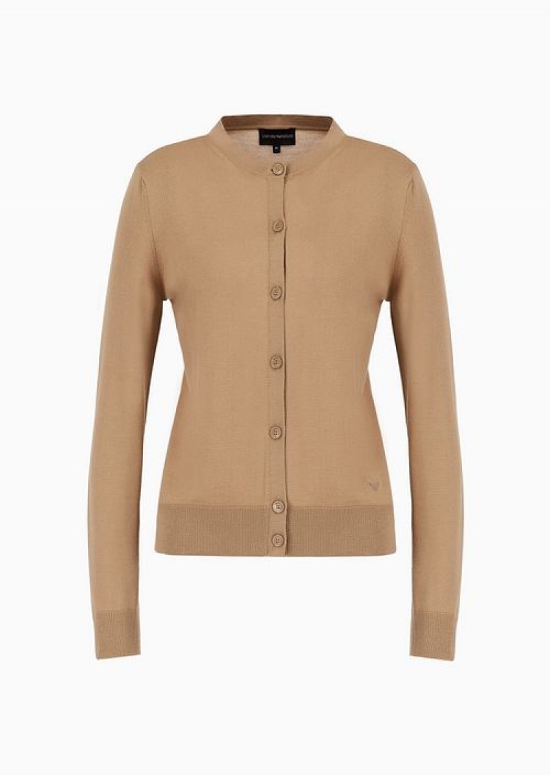 Camel Emporio Armani Cardigan In Plain-knit, Pure Virgin Wool | EA-SN56701