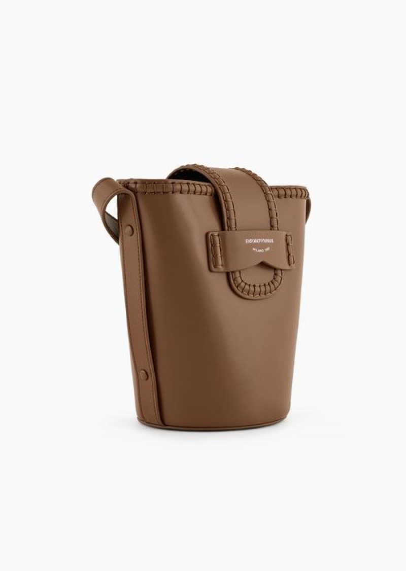 Camel Emporio Armani Leather Bucket Shoulder Bag With Icon Strap | EA-SN57390