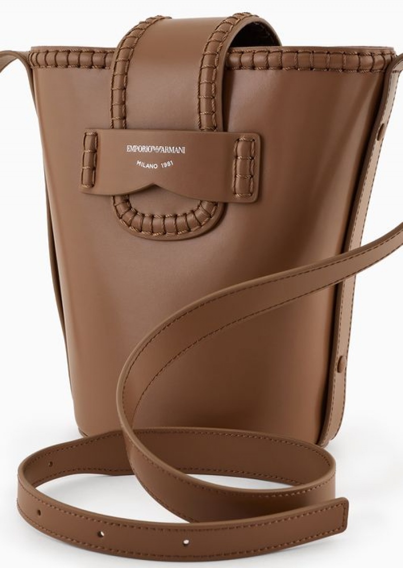 Camel Emporio Armani Leather Bucket Shoulder Bag With Icon Strap | EA-SN57390