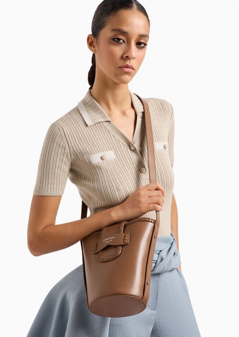 Camel Emporio Armani Leather Bucket Shoulder Bag With Icon Strap | EA-SN57390