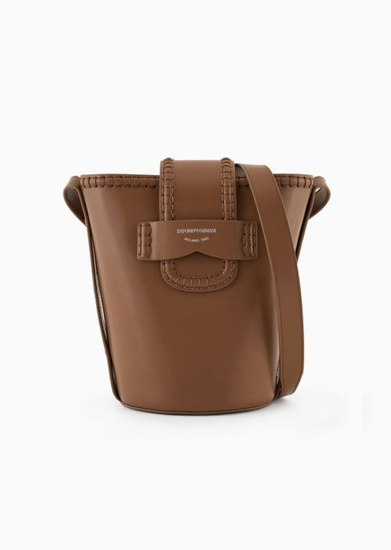 Camel Emporio Armani Leather Bucket Shoulder Bag With Icon Strap | EA-SN57390