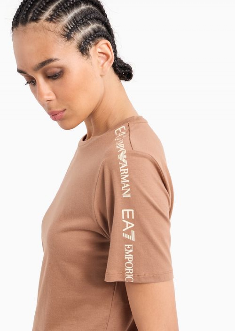 Camel Emporio Armani Shiny Cotton Crew-neck T-shirt | EA7-SN59668