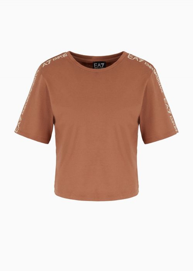 Camel Emporio Armani Shiny Cotton Crew-neck T-shirt | EA7-SN59668