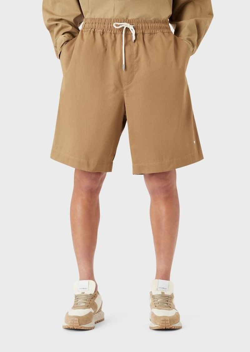 Camel Emporio Armani Sustainable Collection Organic-twill Oversized Drawstring Board Shorts | EA-SN58356