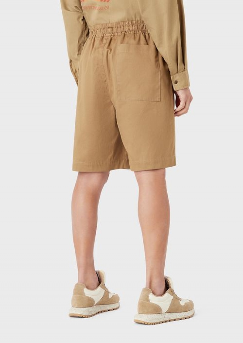 Camel Emporio Armani Sustainable Collection Organic-twill Oversized Drawstring Board Shorts | EA-SN58356