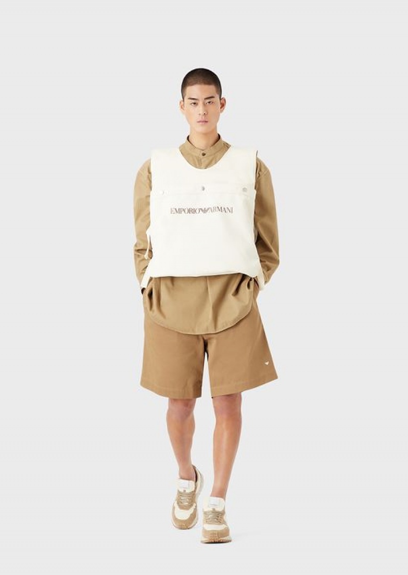 Camel Emporio Armani Sustainable Collection Organic-twill Oversized Drawstring Board Shorts | EA-SN58356