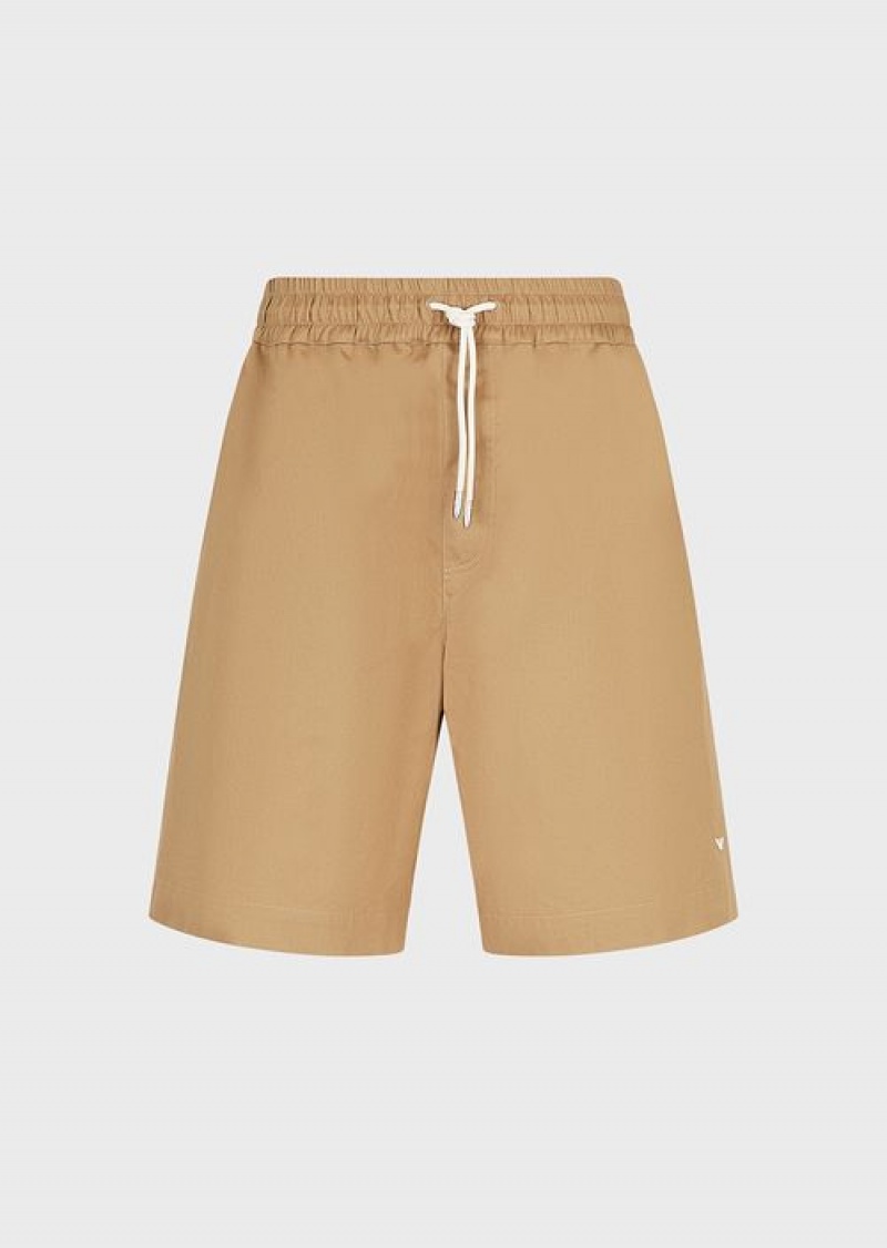 Camel Emporio Armani Sustainable Collection Organic-twill Oversized Drawstring Board Shorts | EA-SN58356