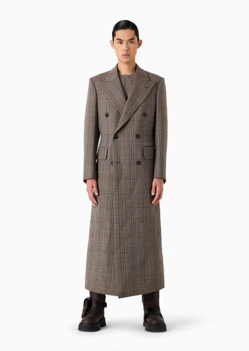 Check Emporio Armani Double-breasted Long Coat In A Virgin Wool Prince Of Wales Check | EA-SN58183