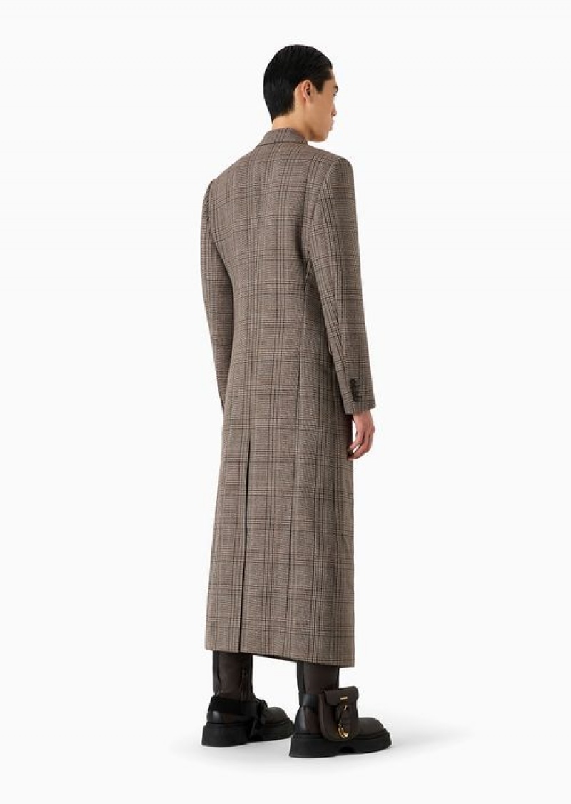 Check Emporio Armani Double-breasted Long Coat In A Virgin Wool Prince Of Wales Check | EA-SN58183