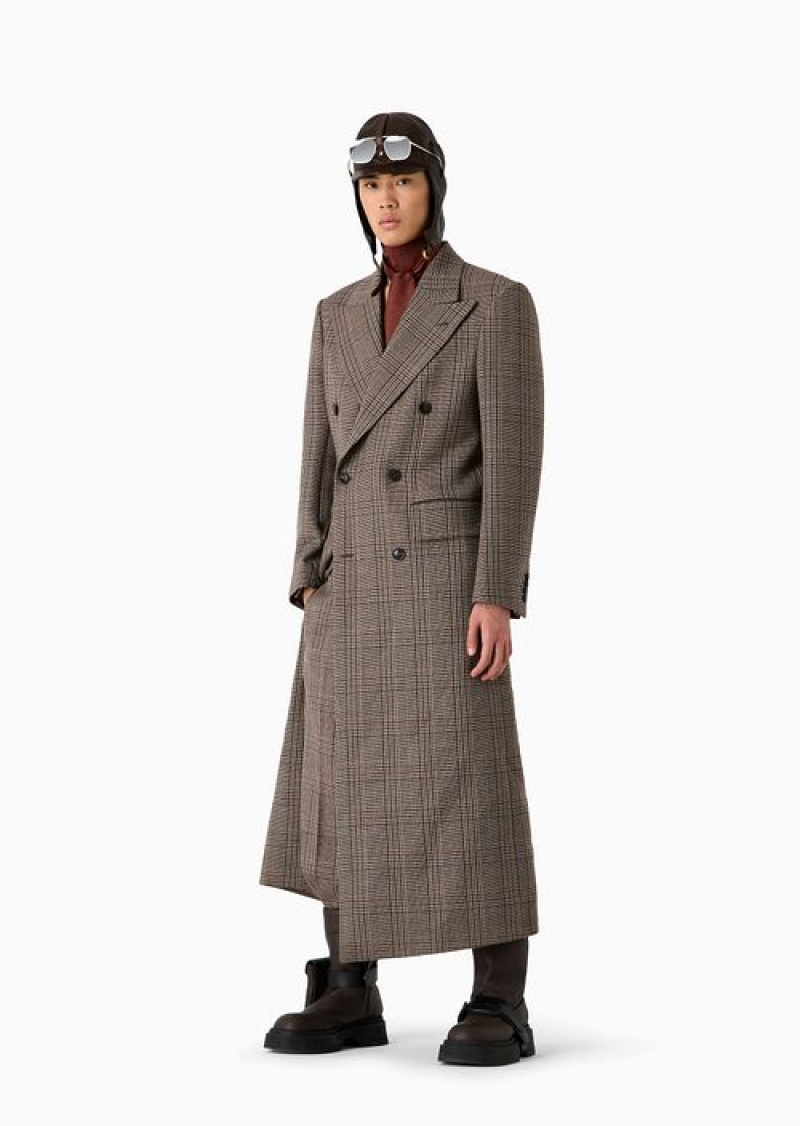 Check Emporio Armani Double-breasted Long Coat In A Virgin Wool Prince Of Wales Check | EA-SN58183