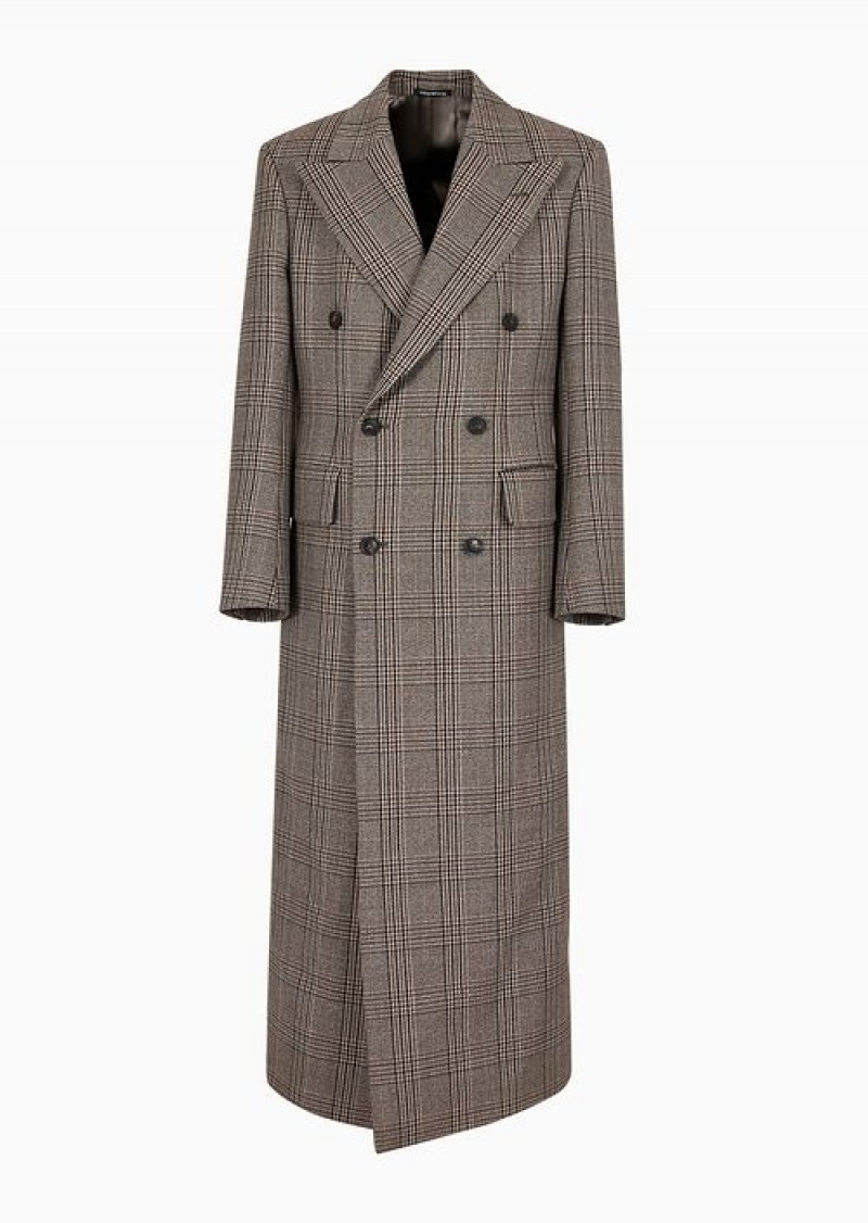 Check Emporio Armani Double-breasted Long Coat In A Virgin Wool Prince Of Wales Check | EA-SN58183