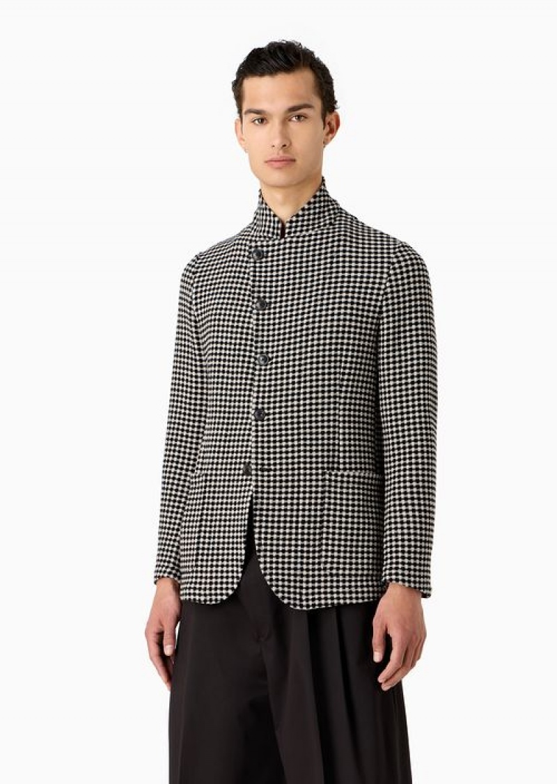 Check Emporio Armani Guru-collar Jacket With Off-center Fastening In Armure Virgin Wool With A Checkerboard Motif | EA-SN57830