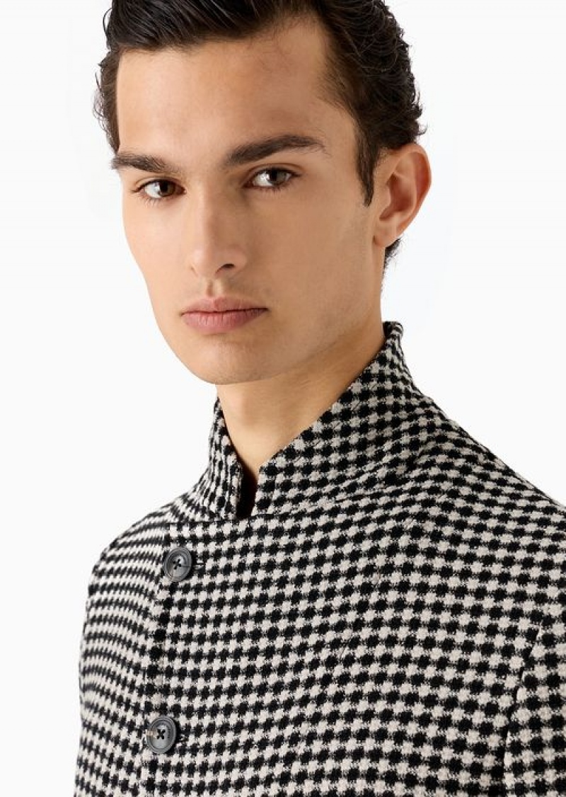 Check Emporio Armani Guru-collar Jacket With Off-center Fastening In Armure Virgin Wool With A Checkerboard Motif | EA-SN57830