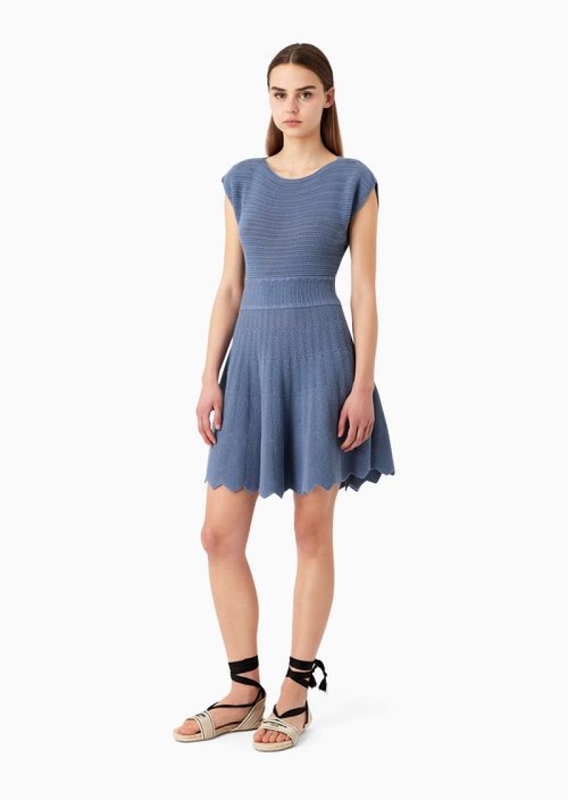 China Blue Emporio Armani Flared Midi Dress In A Mixed Texture Knit | EA-SN56510