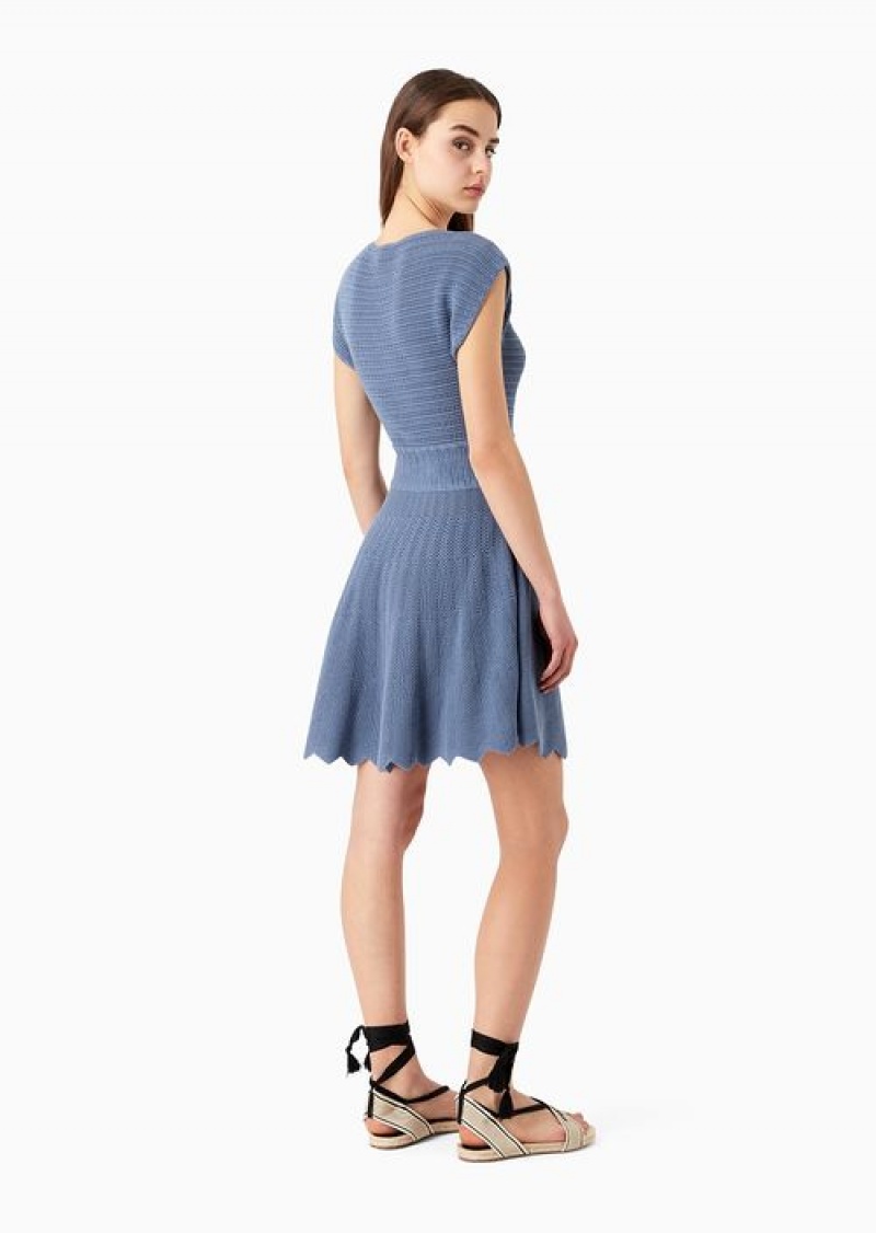 China Blue Emporio Armani Flared Midi Dress In A Mixed Texture Knit | EA-SN56510