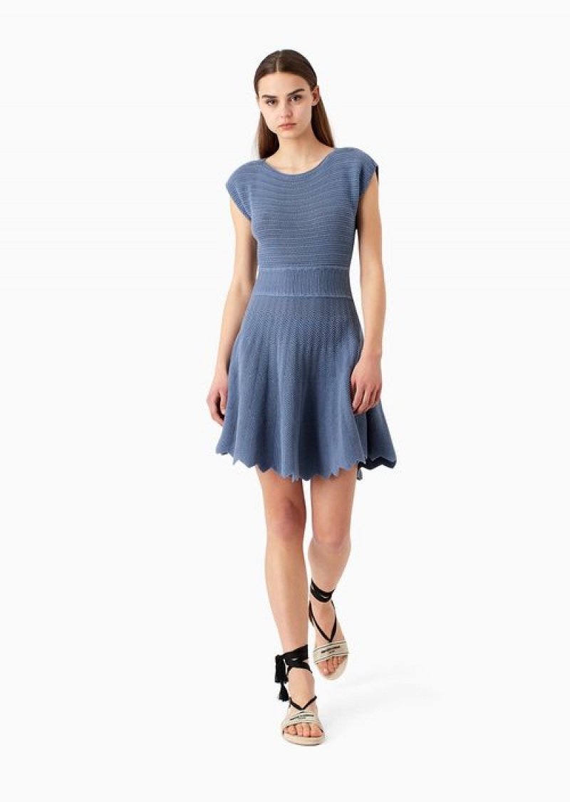 China Blue Emporio Armani Flared Midi Dress In A Mixed Texture Knit | EA-SN56510