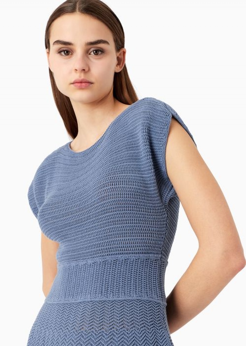 China Blue Emporio Armani Flared Midi Dress In A Mixed Texture Knit | EA-SN56510