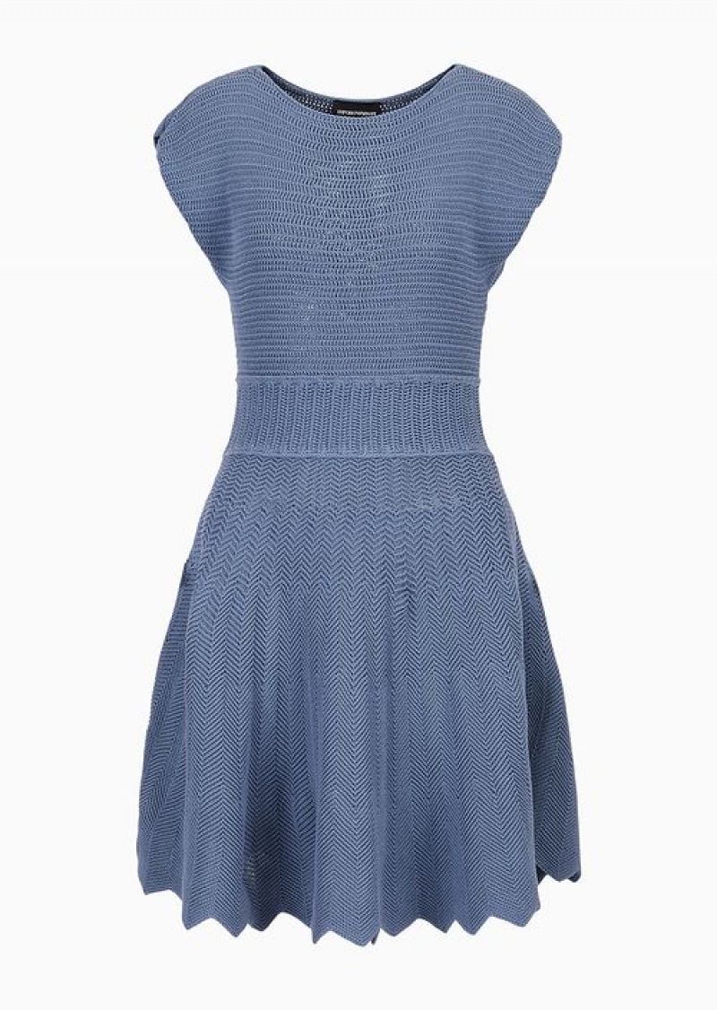 China Blue Emporio Armani Flared Midi Dress In A Mixed Texture Knit | EA-SN56510