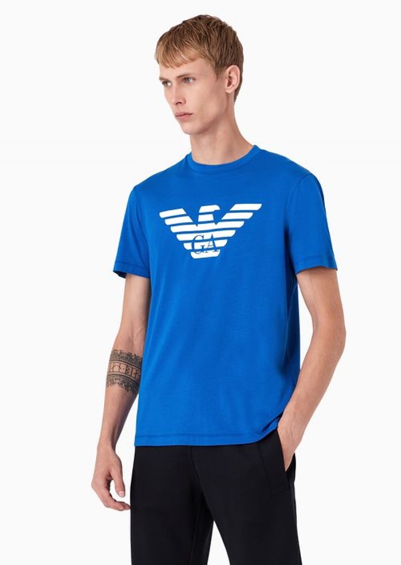 China Blue Emporio Armani Pima-jersey T-shirt With Logo Print | EA-SN58701