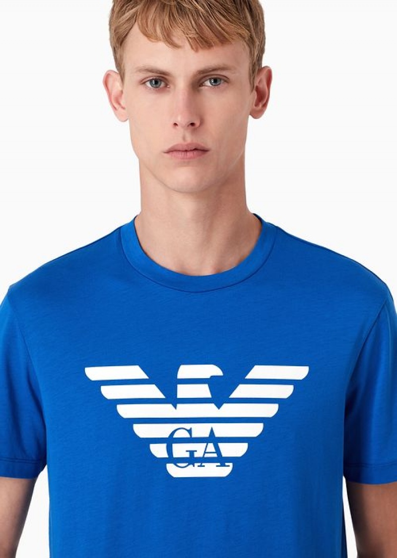 China Blue Emporio Armani Pima-jersey T-shirt With Logo Print | EA-SN58701