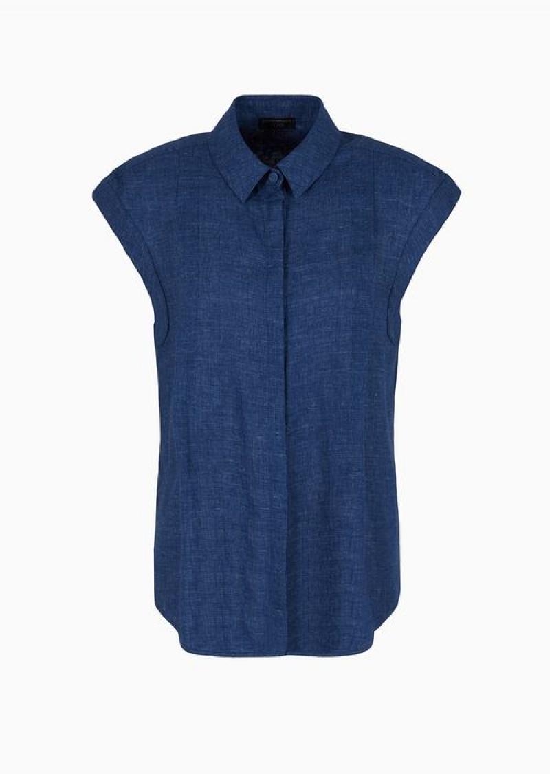 Dark Blue Emporio Armani Icon Short-sleeved Shirt In Washed Linen | EA-SN56963