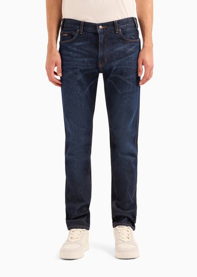 Dark Blue Emporio Armani J16 Slim-fit, Washed Denim Jeans | EA-SN57971