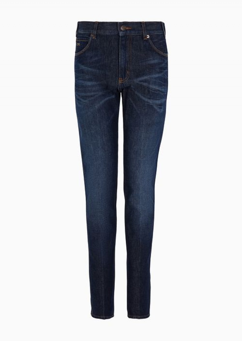 Dark Blue Emporio Armani J16 Slim-fit, Washed Denim Jeans | EA-SN57971