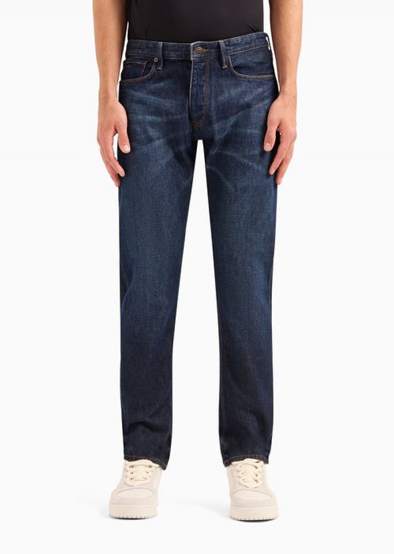 Dark Blue Emporio Armani J75 Slim-fit, Washed Stretch-denim Jeans | EA-SN57945