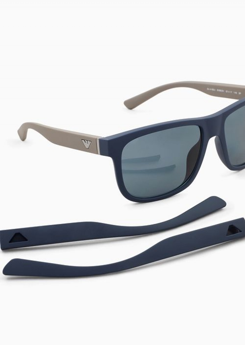 Dark Blue Emporio Armani Men’s Rectangular Sunglasses With Interchangeable Temples | EA-SN59435