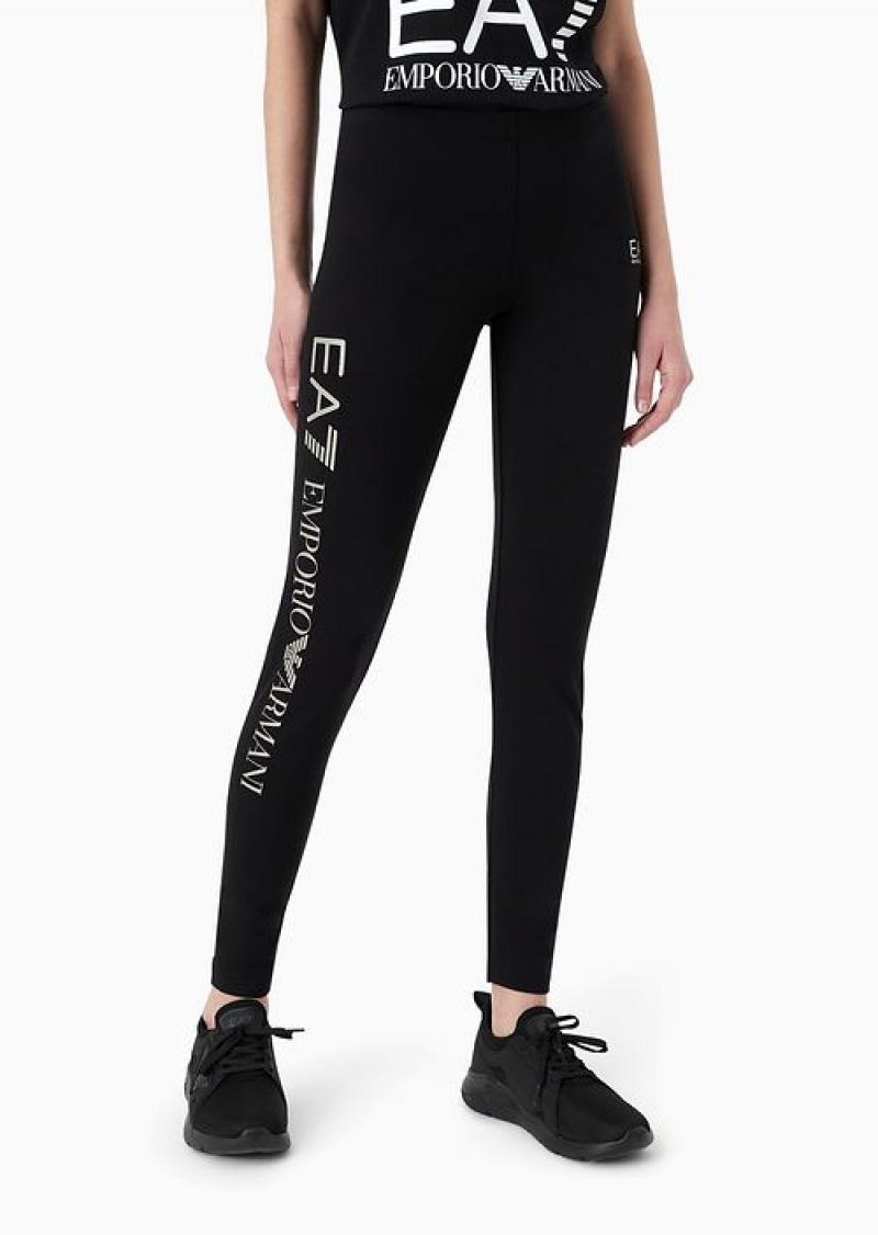 Dark Blue Emporio Armani Shiny Stretch Cotton Leggings | EA7-SN59550