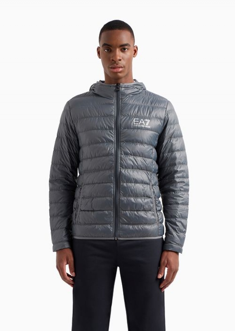 Dark Grey Emporio Armani Packable Hooded Core Identity Puffer Jacket | EA7-SN59808