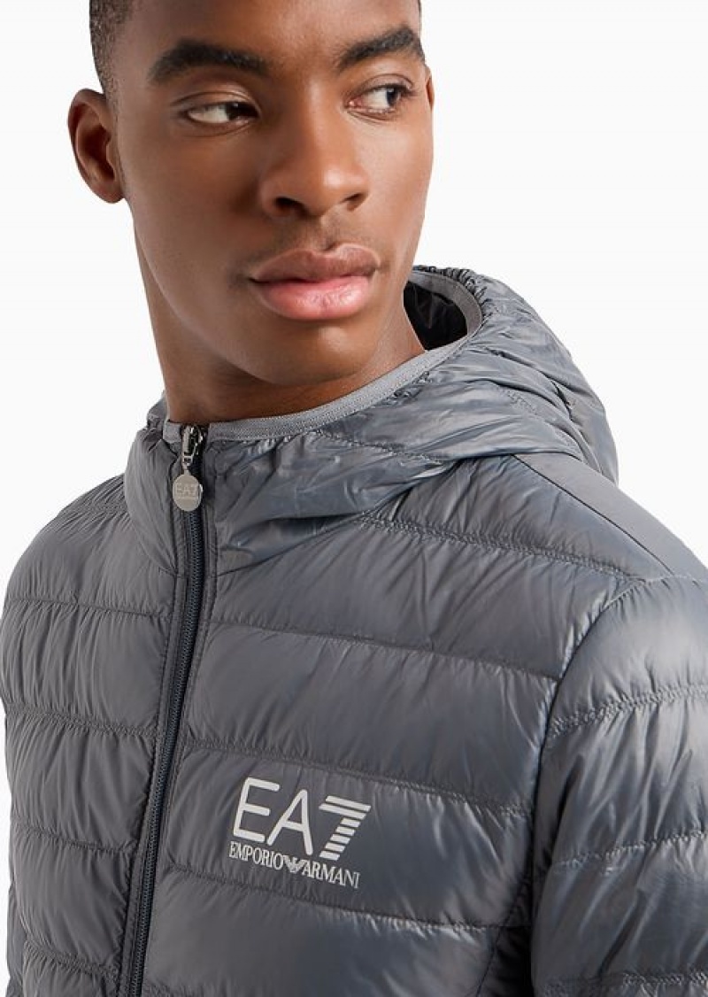 Dark Grey Emporio Armani Packable Hooded Core Identity Puffer Jacket | EA7-SN59808