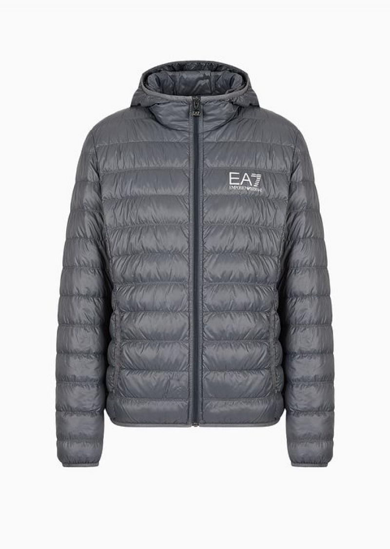 Dark Grey Emporio Armani Packable Hooded Core Identity Puffer Jacket | EA7-SN59808