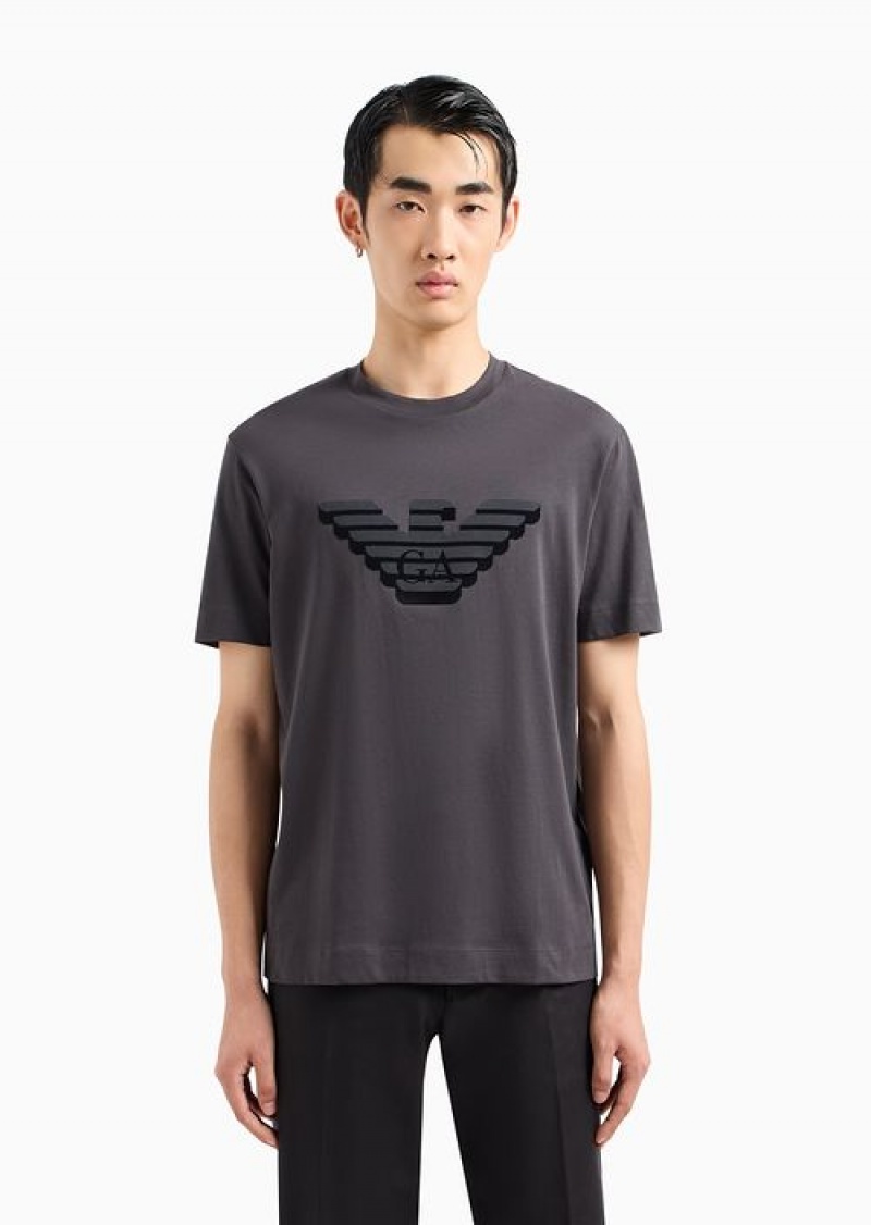 Dark Grey Emporio Armani Pima-jersey T-shirt With Flocked Logo Print | EA-SN58591