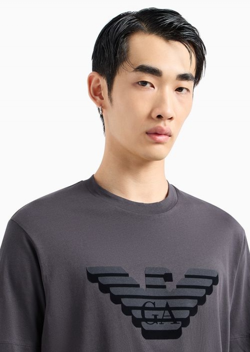 Dark Grey Emporio Armani Pima-jersey T-shirt With Flocked Logo Print | EA-SN58591