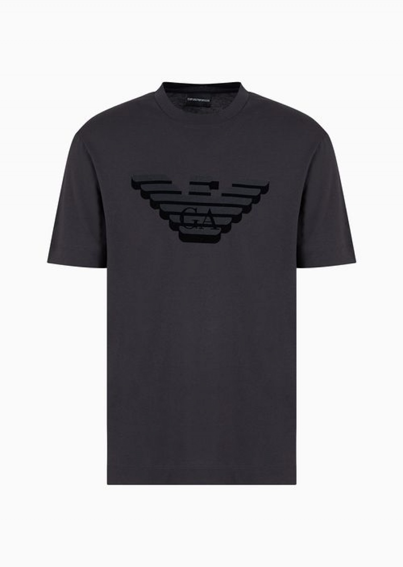 Dark Grey Emporio Armani Pima-jersey T-shirt With Flocked Logo Print | EA-SN58591