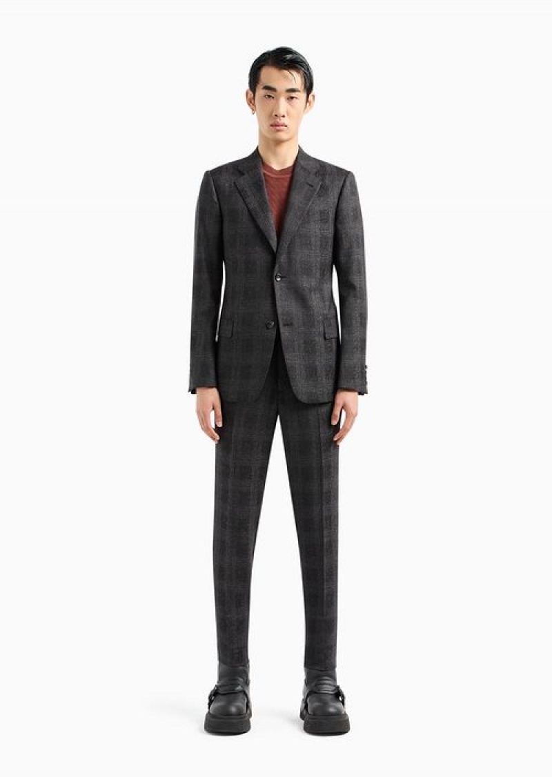 Dark Grey Emporio Armani Slim-fit Single-breasted Suit In A Mouliné Light Wool Prince Of Wales Check Jacquard | EA-SN58473