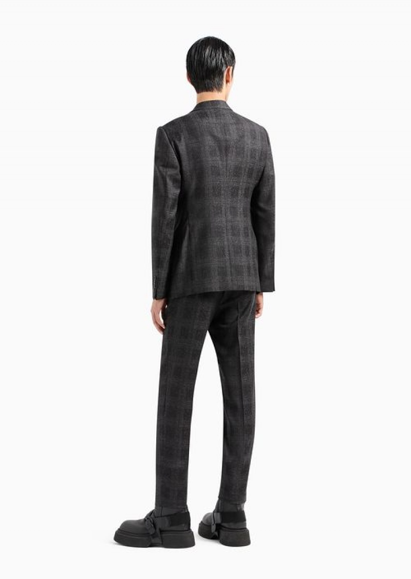 Dark Grey Emporio Armani Slim-fit Single-breasted Suit In A Mouliné Light Wool Prince Of Wales Check Jacquard | EA-SN58473