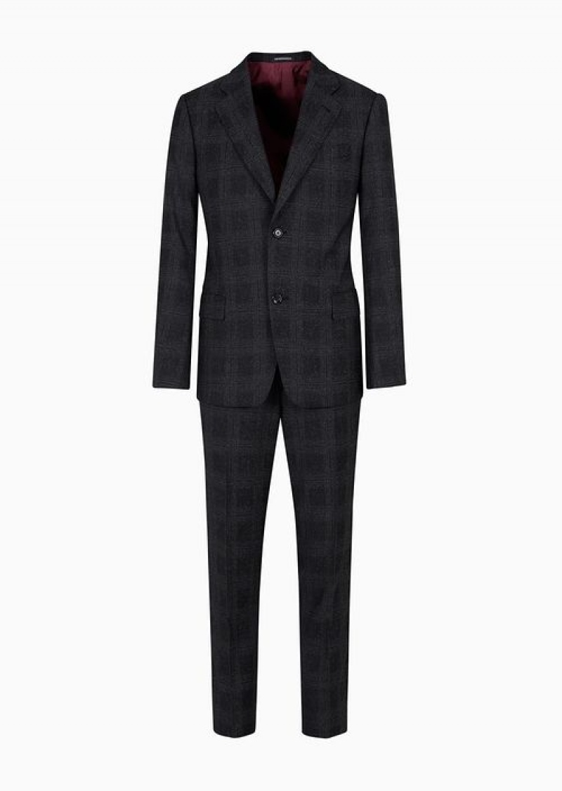 Dark Grey Emporio Armani Slim-fit Single-breasted Suit In A Mouliné Light Wool Prince Of Wales Check Jacquard | EA-SN58473