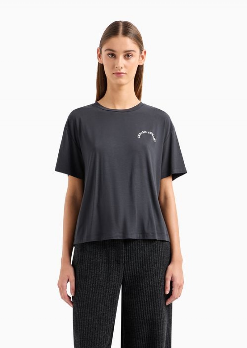 Dark Grey Emporio Armani Stretch-jersey T-shirt With Oversized Chalet Capsule Collection Print | EA-SN57048