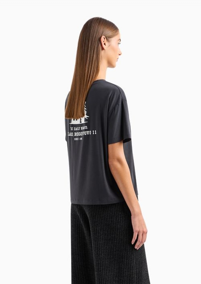 Dark Grey Emporio Armani Stretch-jersey T-shirt With Oversized Chalet Capsule Collection Print | EA-SN57048