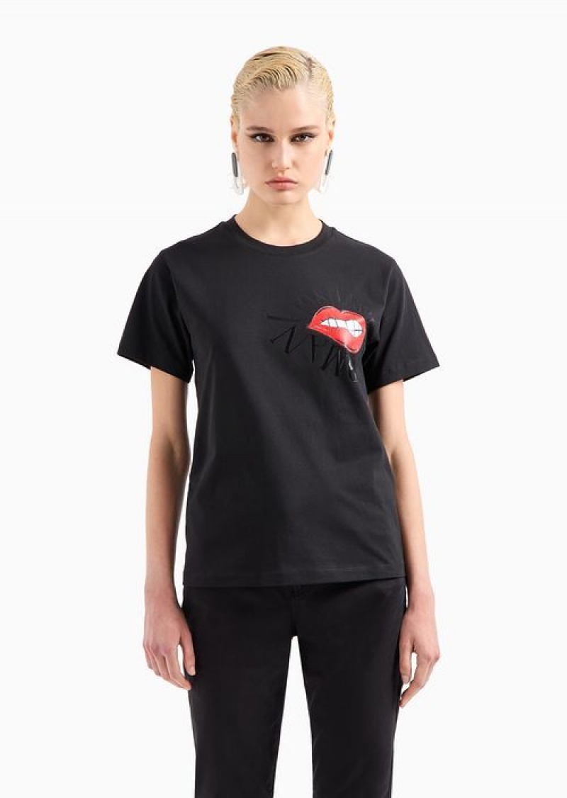 Deep Black Emporio Armani Asv Organic-jersey T-shirt With Red Lips Print | EA-SN57021