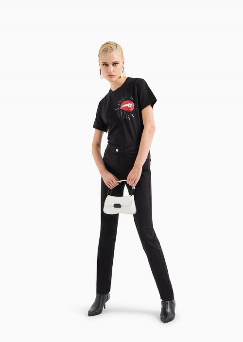 Deep Black Emporio Armani Asv Organic-jersey T-shirt With Red Lips Print | EA-SN57021