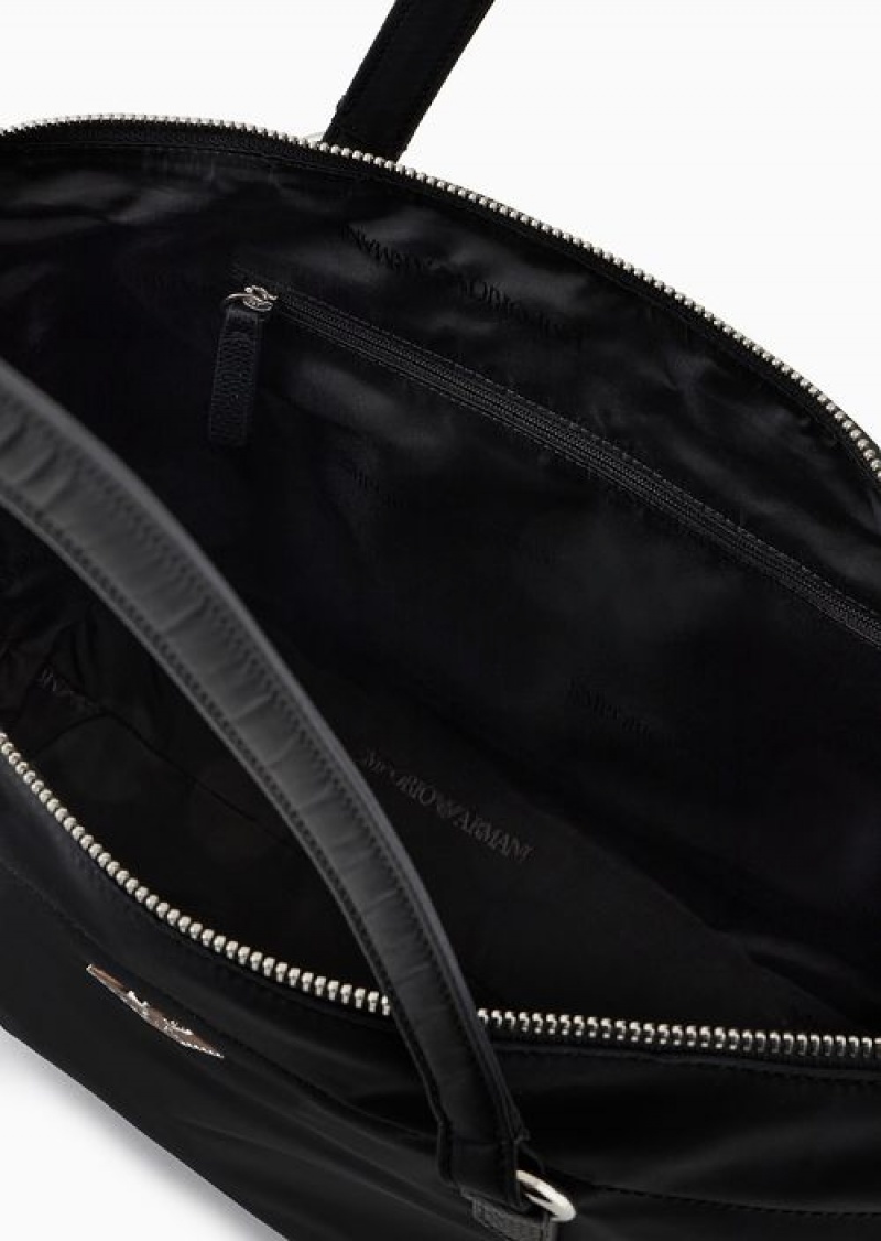 Deep Black Emporio Armani Asv Recycled Nylon Shopper Bag With Eagle Plaque | EA-SN57368